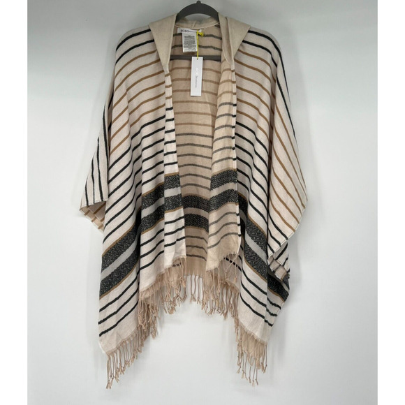 NWT BCBGeneration Poncho Cape Womens OS Cream Tan and Gray Stripes Fringe Hooded - Picture 1 of 8